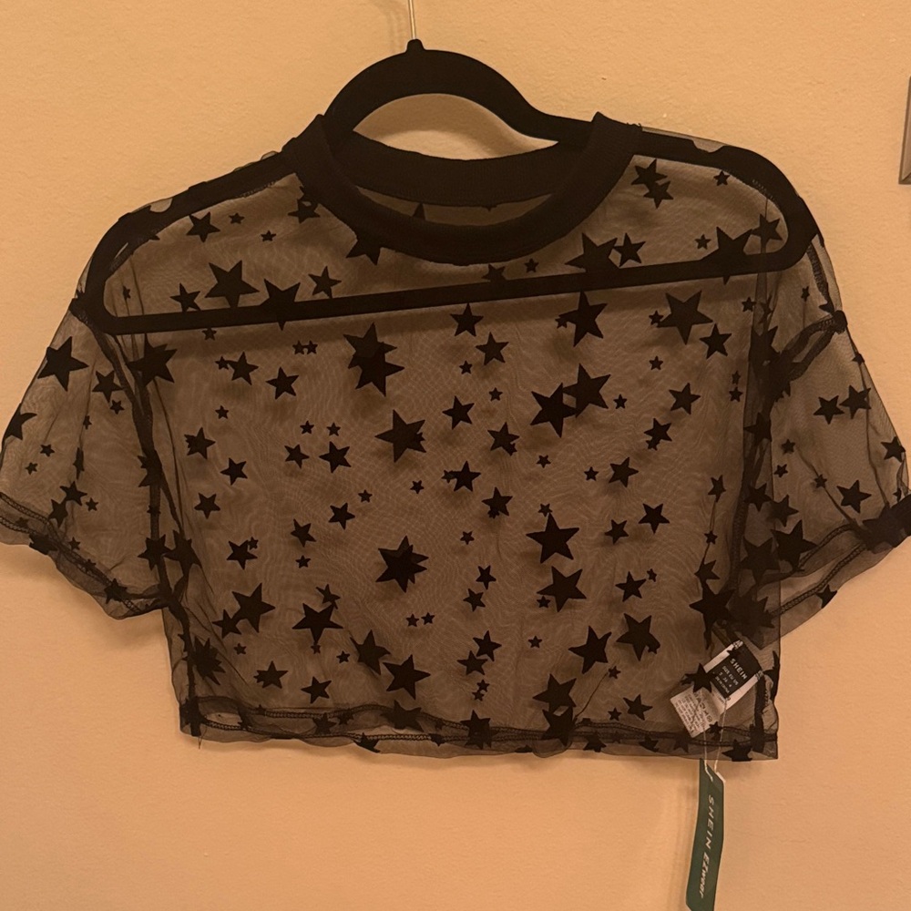 SHEIN Black Star Mesh Crop Top